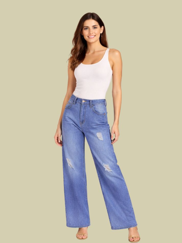 Albion Mid Blue Distressed Wide Leg Jeans for Women | Trendy High Waist Ripped Denim Pants