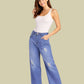 Albion Mid Blue Distressed Wide Leg Jeans for Women | Trendy High Waist Ripped Denim Pants
