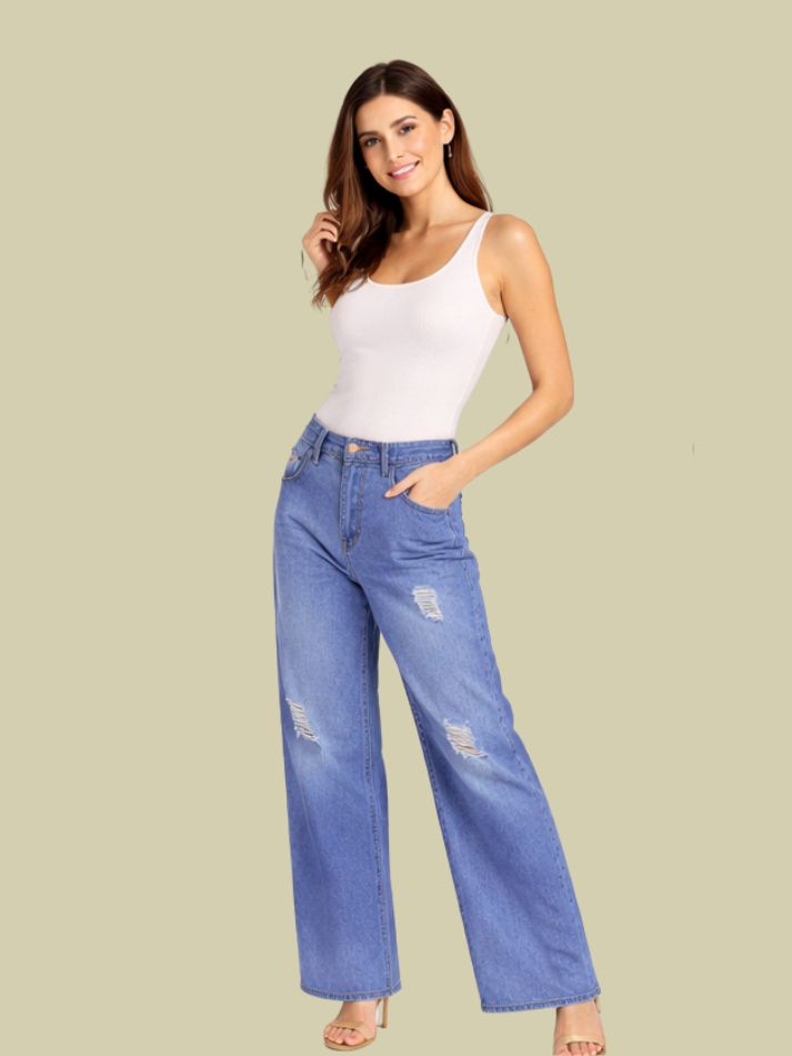 Albion Mid Blue Distressed Wide Leg Jeans for Women | Trendy High Waist Ripped Denim Pants