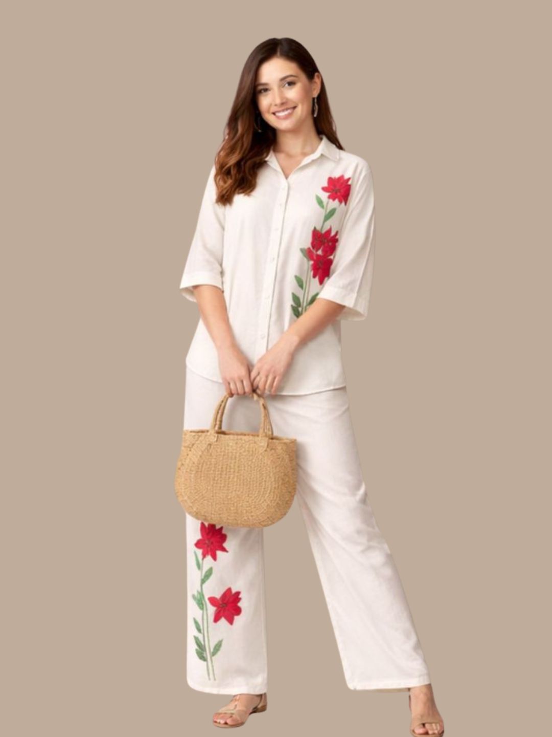 Albion Cream Embroidered Co-Ord Set for Women | Floral Shirt & Wide Leg Pant Set | Premium Elegant Outfit