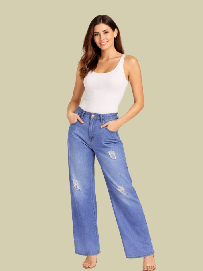 Albion Mid Blue Distressed Wide Leg Jeans for Women | Trendy High Waist Ripped Denim Pants