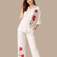Albion Cream Embroidered Co-Ord Set for Women | Floral Shirt & Wide Leg Pant Set | Premium Elegant Outfit