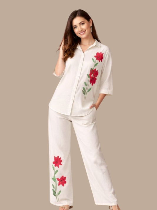 Albion Cream Embroidered Co-Ord Set for Women | Floral Shirt & Wide Leg Pant Set | Premium Elegant Outfit