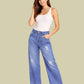 Albion Mid Blue Distressed Wide Leg Jeans for Women | Trendy High Waist Ripped Denim Pants