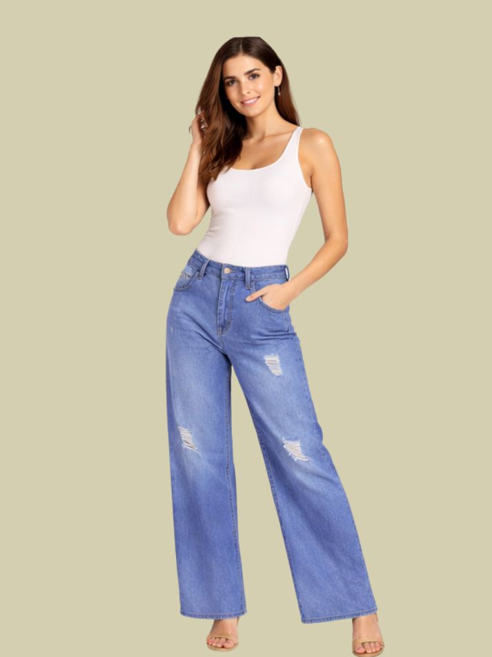 Albion Mid Blue Distressed Wide Leg Jeans for Women | Trendy High Waist Ripped Denim Pants