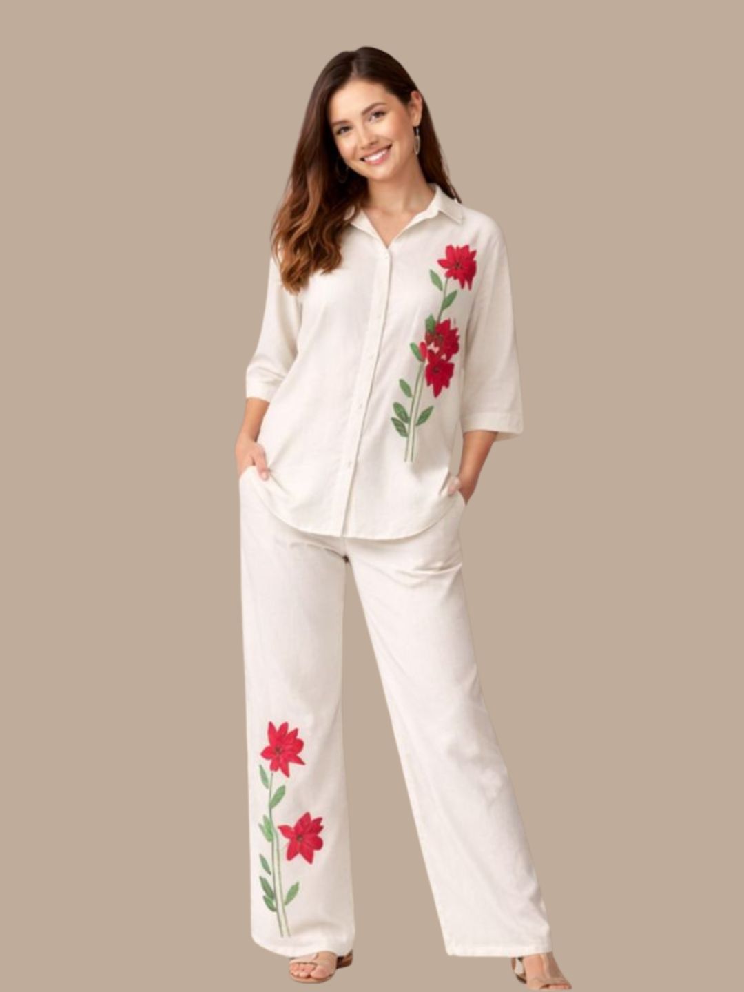 Albion Cream Embroidered Co-Ord Set for Women | Floral Shirt & Wide Leg Pant Set | Premium Elegant Outfit