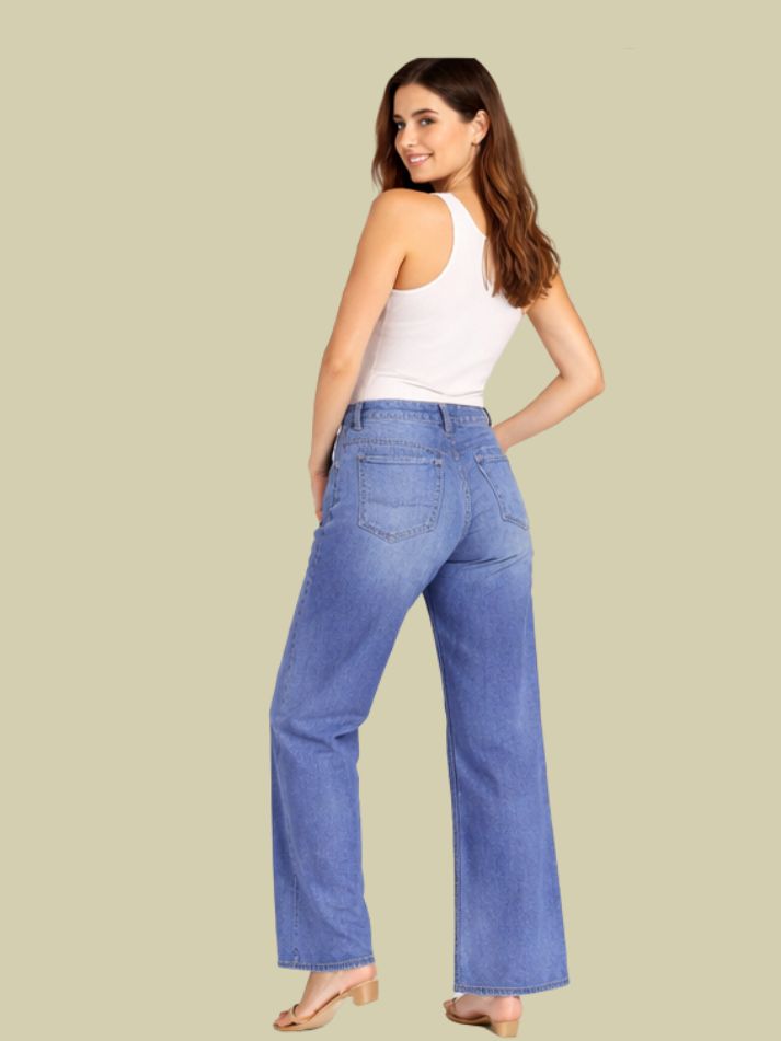 Albion Mid Blue Distressed Wide Leg Jeans for Women | Trendy High Waist Ripped Denim Pants