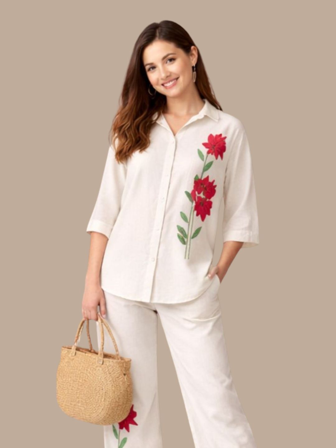 Albion Cream Embroidered Co-Ord Set for Women | Floral Shirt & Wide Leg Pant Set | Premium Elegant Outfit