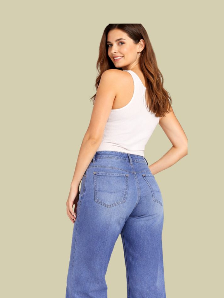 Albion Mid Blue Distressed Wide Leg Jeans for Women | Trendy High Waist Ripped Denim Pants