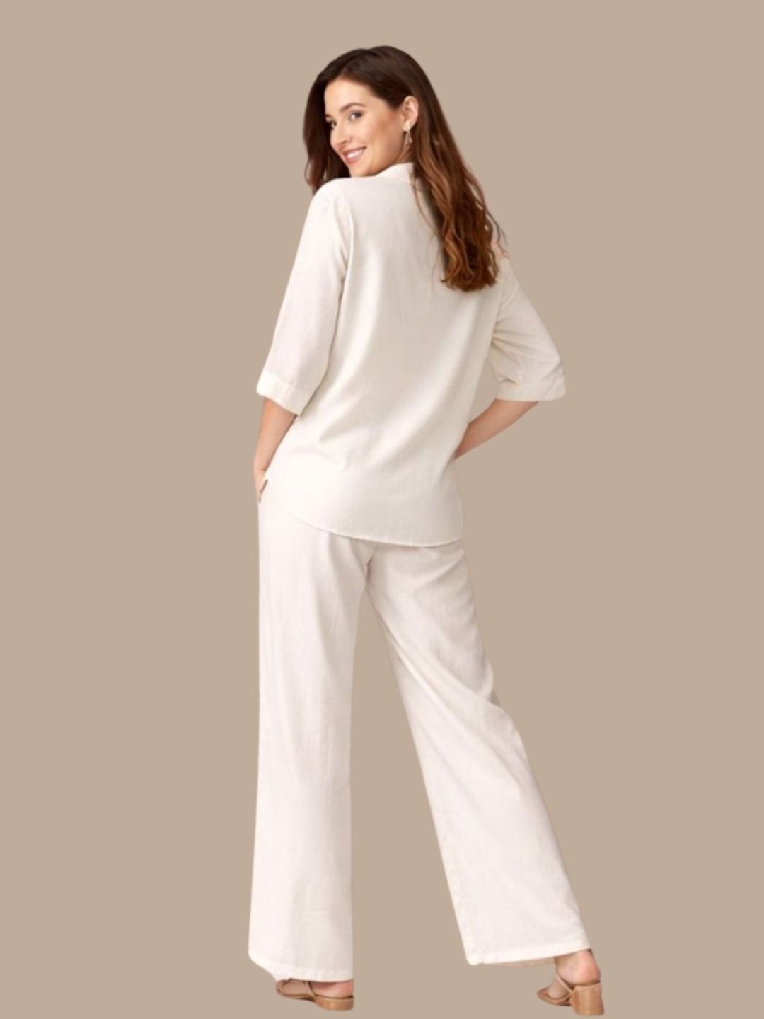 Albion Cream Embroidered Co-Ord Set for Women | Floral Shirt & Wide Leg Pant Set | Premium Elegant Outfit