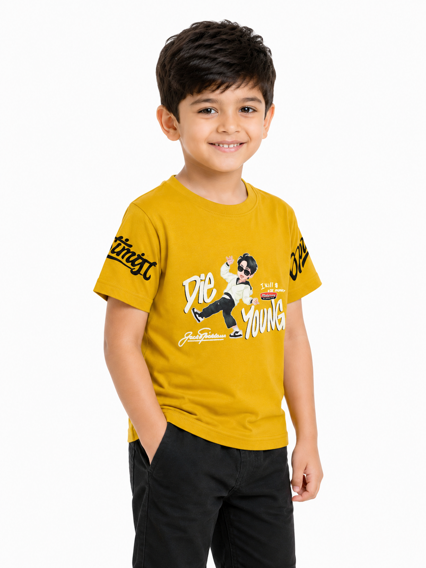 Albion Premium Cotton Kids Yellow Graphic Print T-Shirt