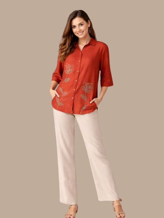 Albion Rust Embroidered Shirt & Pant Co-Ord Set for Women | Premium Loose Fit Stylish Outfit