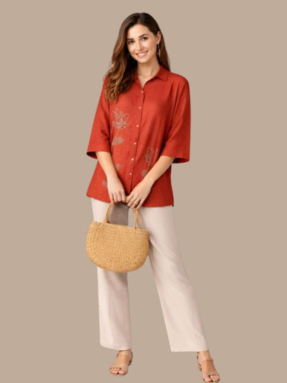 Albion Rust Embroidered Shirt & Pant Co-Ord Set for Women | Premium Loose Fit Stylish Outfit