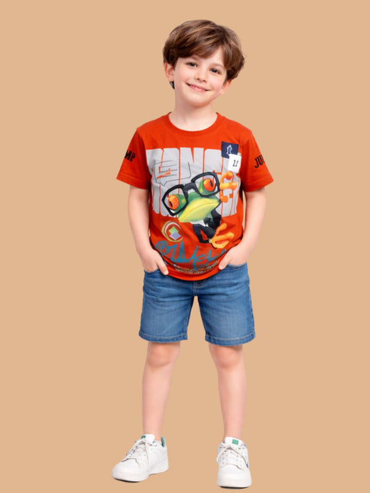 Albion Boys Rust Orange Graphic Printed T-Shirt | Frog Cartoon Casual Cotton Tee for Kids