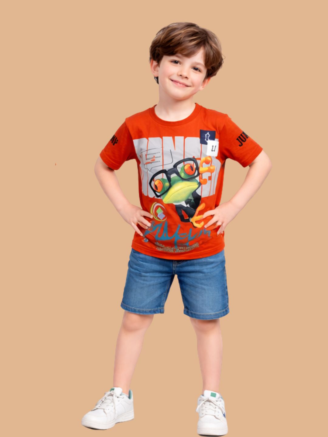 Albion Boys Rust Orange Graphic Printed T-Shirt | Frog Cartoon Casual Cotton Tee for Kids