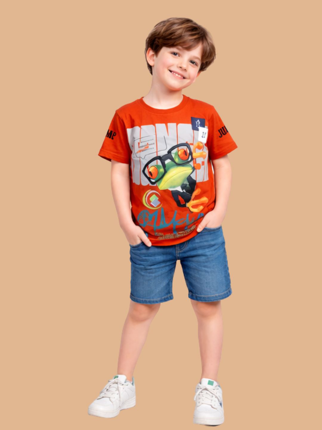 Albion Boys Rust Orange Graphic Printed T-Shirt | Frog Cartoon Casual Cotton Tee for Kids
