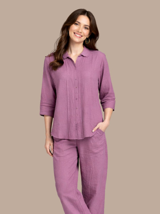 Albion Mauve Pink Lace Detail Co-Ord Set for Women | Premium Shirt & Wide Leg Pant Set | Elegant Stylish Outfit