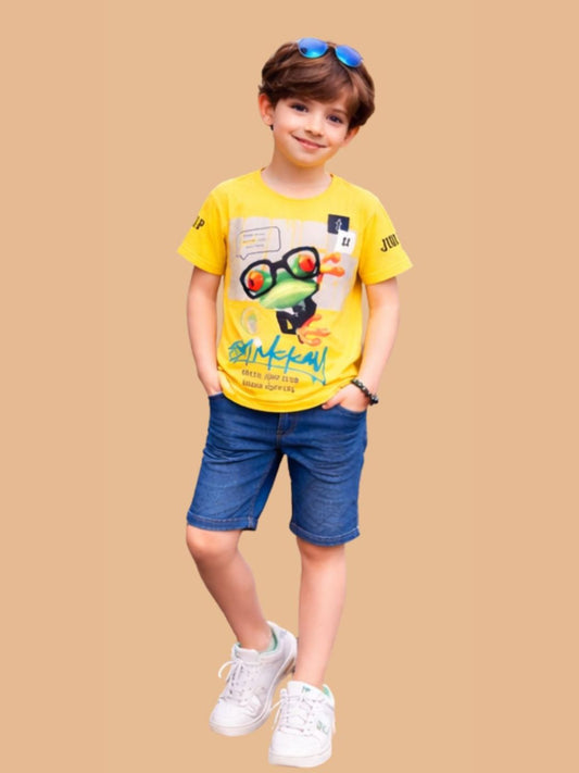 Albion Boys Yellow Graphic Printed T-Shirt | Frog Cartoon Casual Summer Cotton Tee for Kids