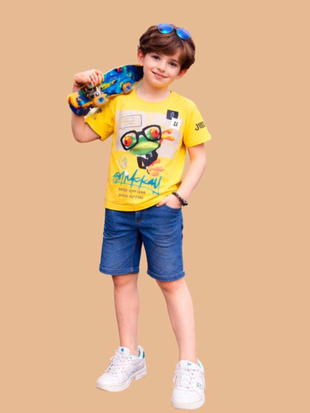 Albion Boys Yellow Graphic Printed T-Shirt | Frog Cartoon Casual Summer Cotton Tee for Kids