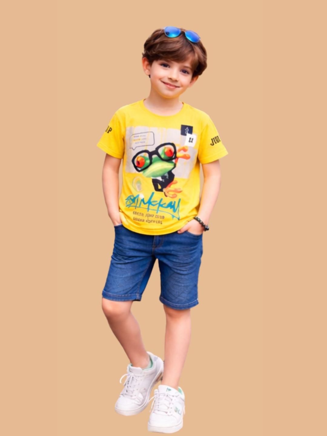 Albion Boys Yellow Graphic Printed T-Shirt | Frog Cartoon Casual Summer Cotton Tee for Kids