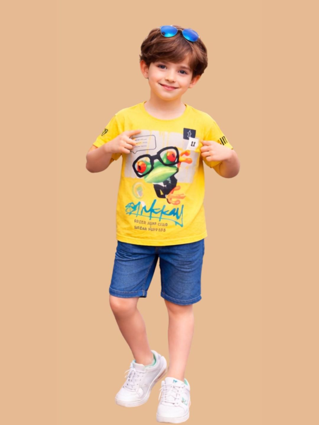Albion Boys Yellow Graphic Printed T-Shirt | Frog Cartoon Casual Summer Cotton Tee for Kids