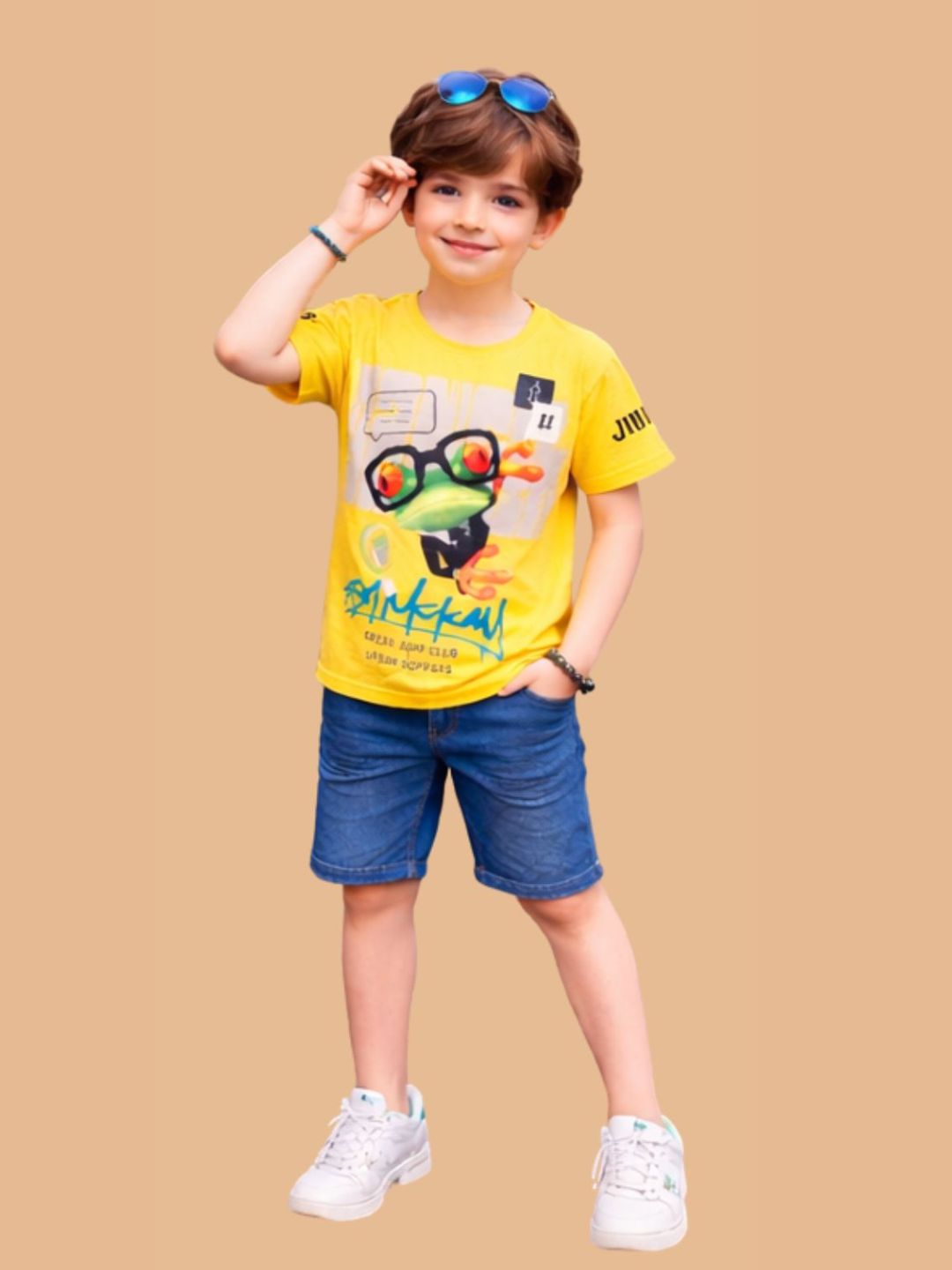 Albion Boys Yellow Graphic Printed T-Shirt | Frog Cartoon Casual Summer Cotton Tee for Kids