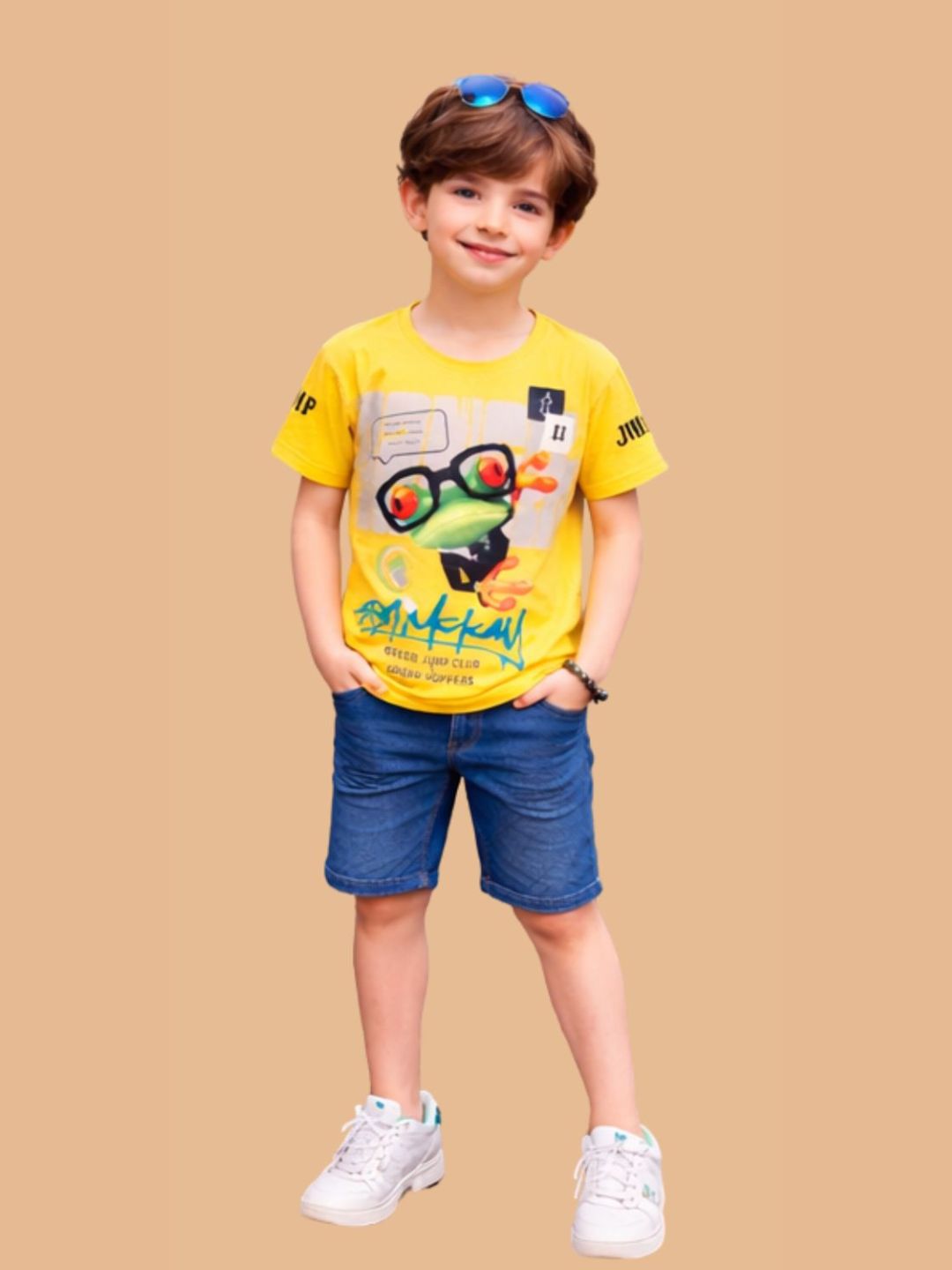 Albion Boys Yellow Graphic Printed T-Shirt | Frog Cartoon Casual Summer Cotton Tee for Kids