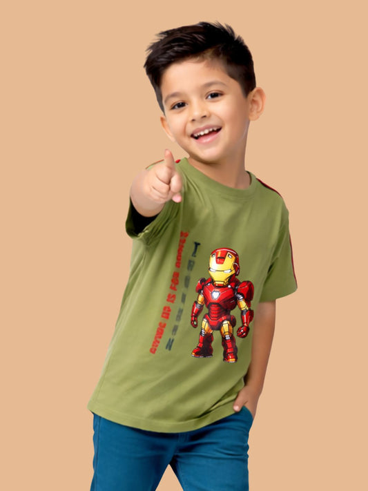 Albion Boys Pista Green Iron Man Graphic Printed T-Shirt | Superhero Casual Cotton Tee for Kids