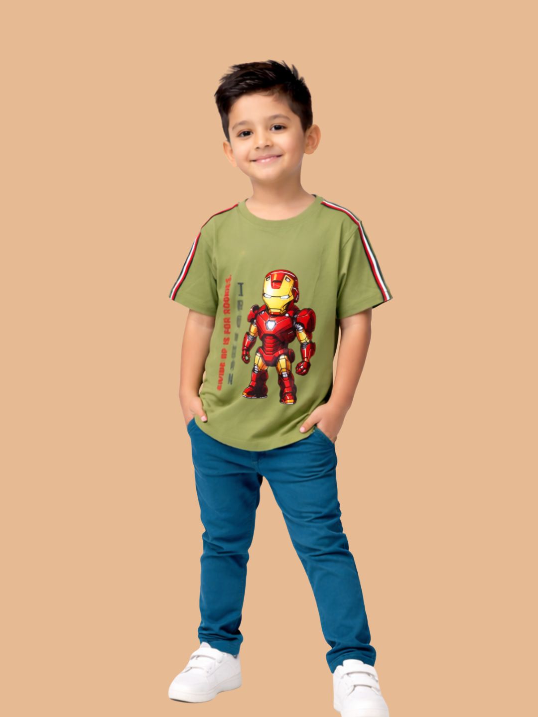 Albion Boys Pista Green Iron Man Graphic Printed T-Shirt | Superhero Casual Cotton Tee for Kids