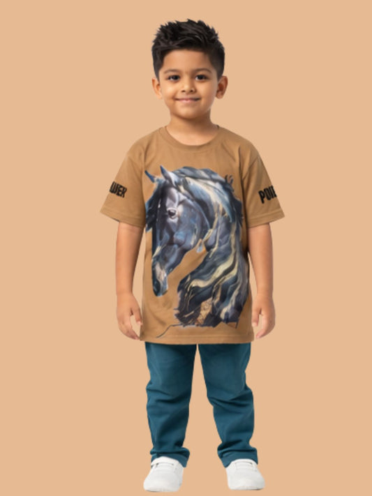 Albion Boys Khaki Horse Graphic Printed T-Shirt | Freedom Casual Cotton Tee for Kids