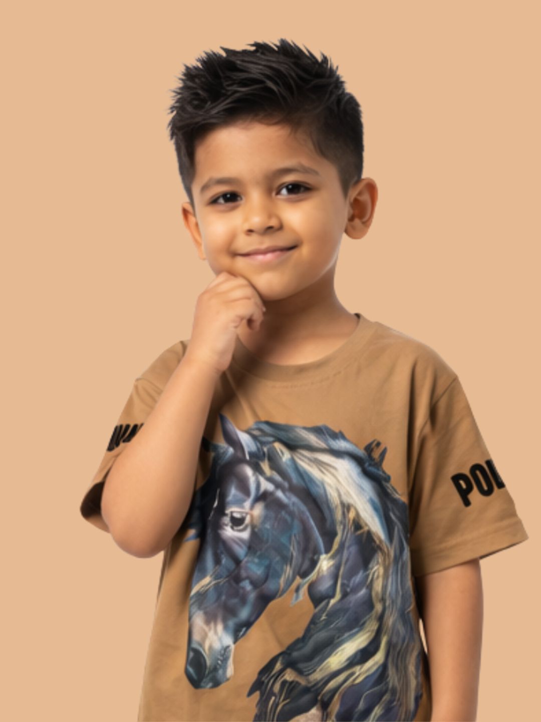 Albion Boys Khaki Horse Graphic Printed T-Shirt | Freedom Casual Cotton Tee for Kids