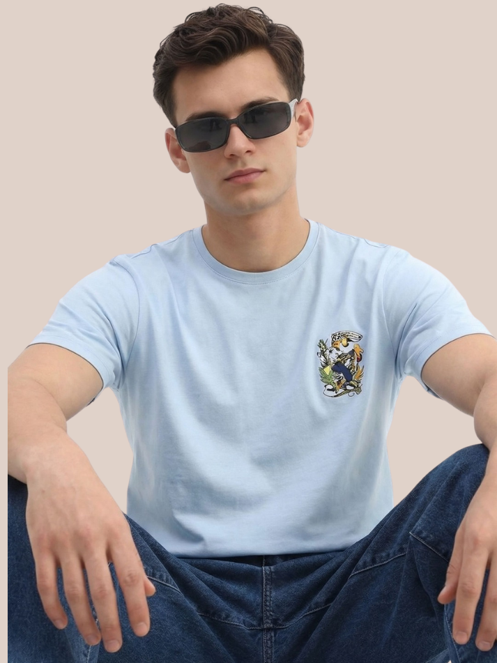 Albion Men’s Premium Graphic Print Casual T-Shirt – Stylish Light Blue Streetwear Tee