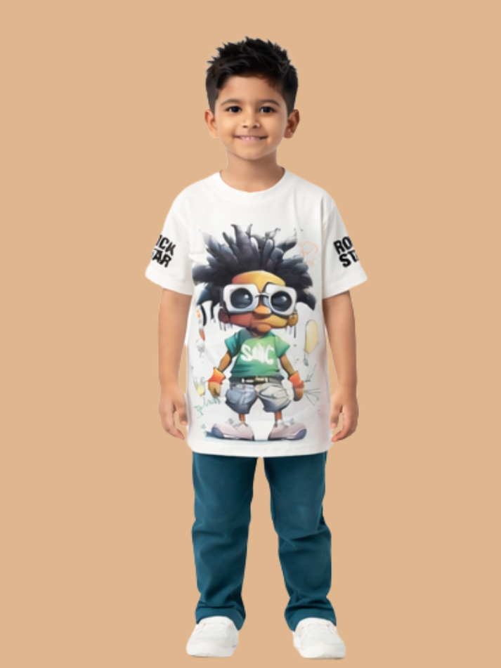Albion Boys White Graphic Printed T-Shirt | Cool Cartoon Character Casual Cotton Tee for Kids