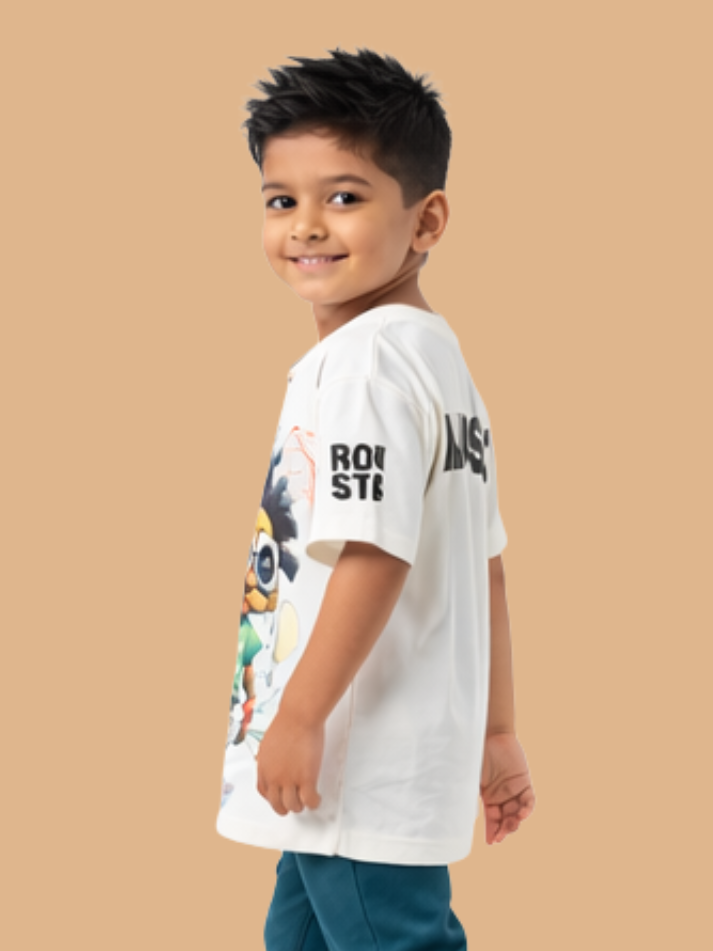 Albion Boys White Graphic Printed T-Shirt | Cool Cartoon Character Casual Cotton Tee for Kids