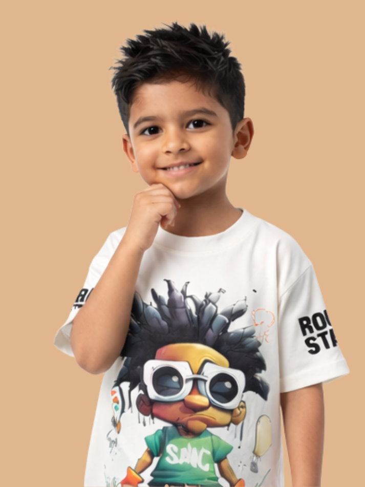 Albion Boys White Graphic Printed T-Shirt | Cool Cartoon Character Casual Cotton Tee for Kids