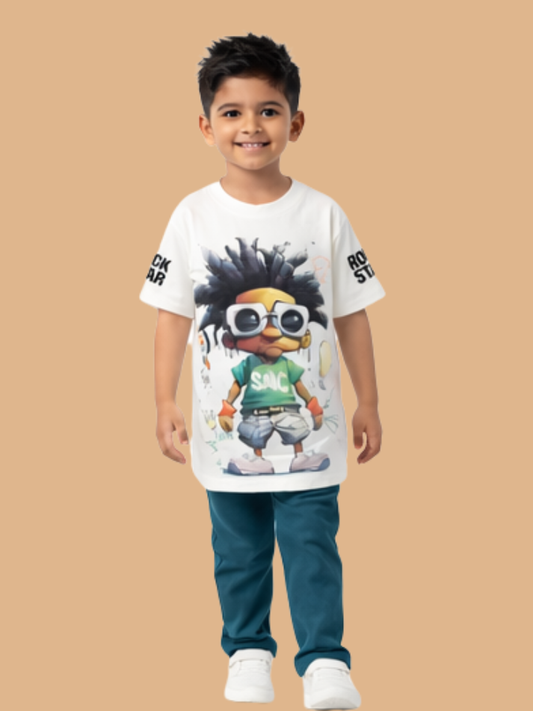 Albion Boys White Graphic Printed T-Shirt | Cool Cartoon Character Casual Cotton Tee for Kids