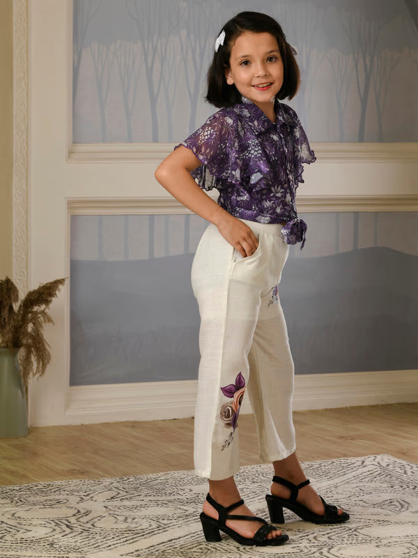 Albion Girls Purple Floral Top & Embroidered Palazzo Set