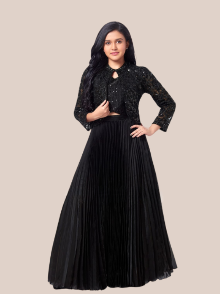 Albion Girls Black Party Wear Lehenga Choli with Designer Jacket Ethnic Set