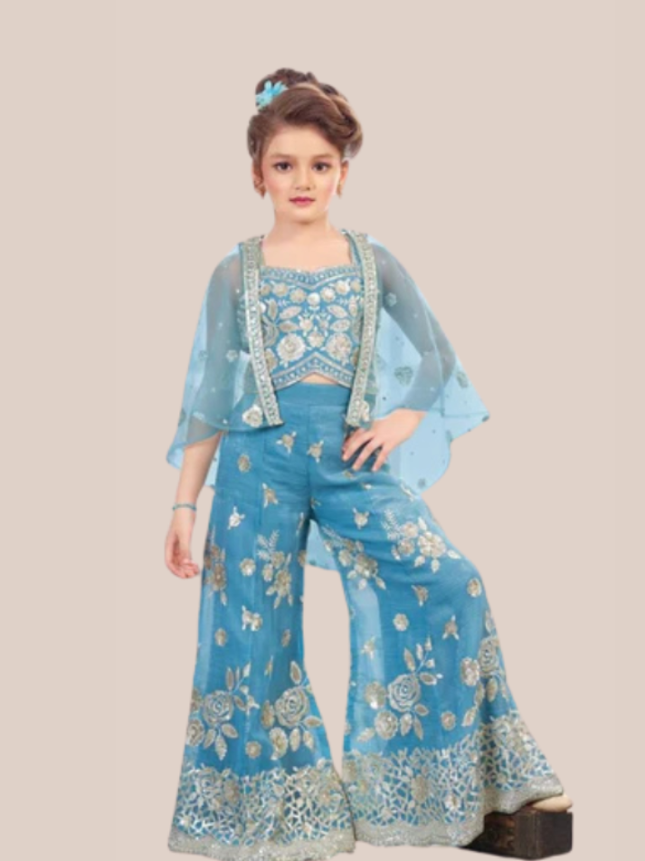 Albion Girls Embroidered Ethnic Co-Ord Set with Cape