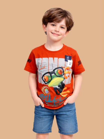 Albion Boys Rust Orange Graphic Printed T-Shirt | Frog Cartoon Casual Cotton Tee for Kids