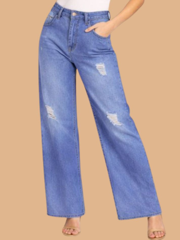Albion Mid Blue Distressed Wide Leg Jeans for Women | Trendy High Waist Ripped Denim Pants