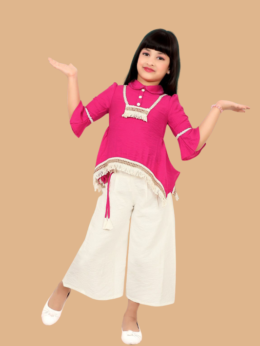 Albion Girls Rani Pink Ethnic Top & Cream Palazzo Set – Kids Stylish Festive Outfit