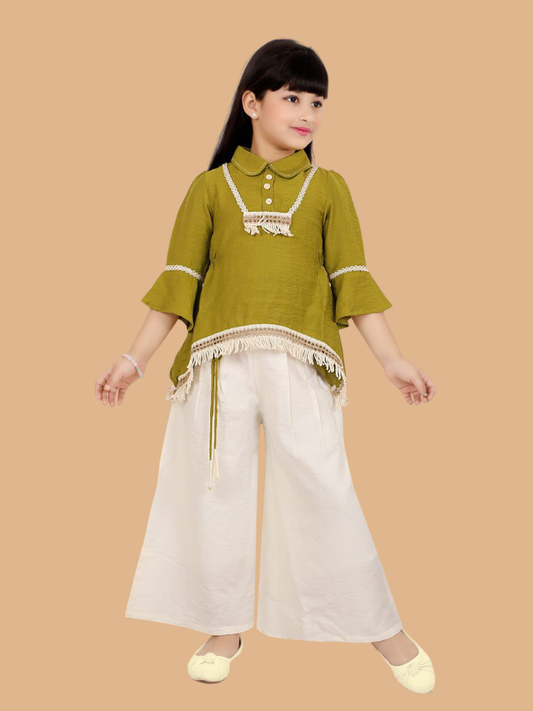 Albion Girls Mustard Ethnic Top & Cream Palazzo Set – Kids Stylish Festive Outfit