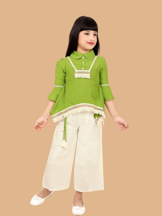 Albion Girls Green Ethnic Top & Cream Palazzo Set – Kids Stylish Festive Outfit