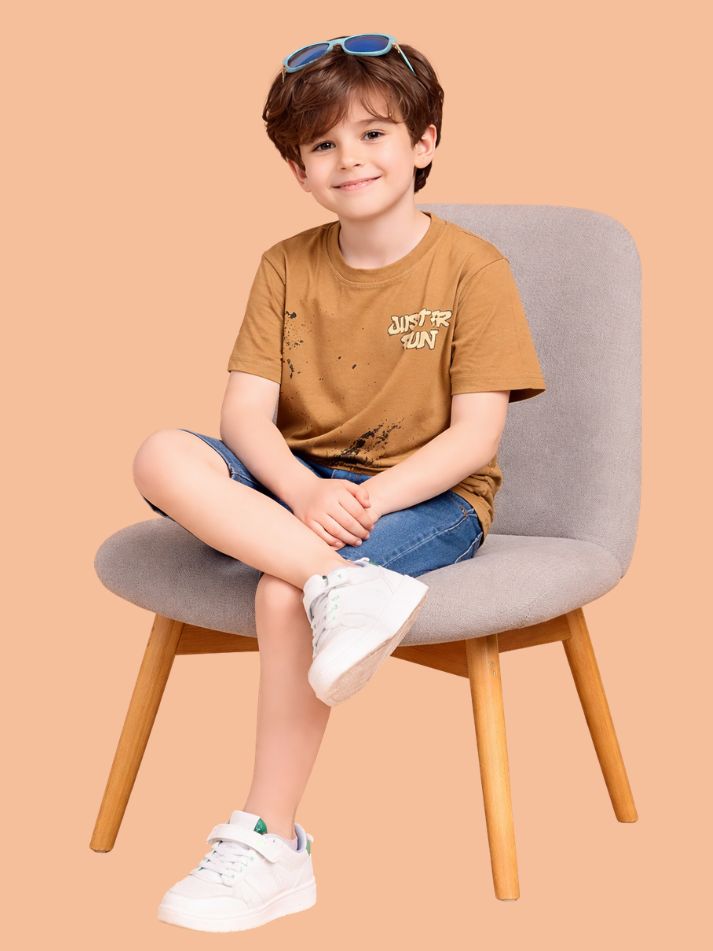 Albion Boys Beige Graphic Printed T-Shirt | Just For Fun Casual Cotton Tee for Kids