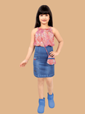 Albion Girls Pink Printed Sleeveless Top & Denim Skirt Set – Kids Stylish Summer Outfit