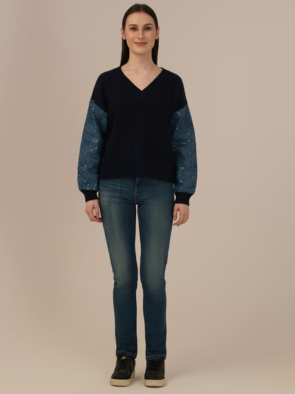 ALBION Stylish Women Woolen Top Warm Fabric with Modern Design-BLACK