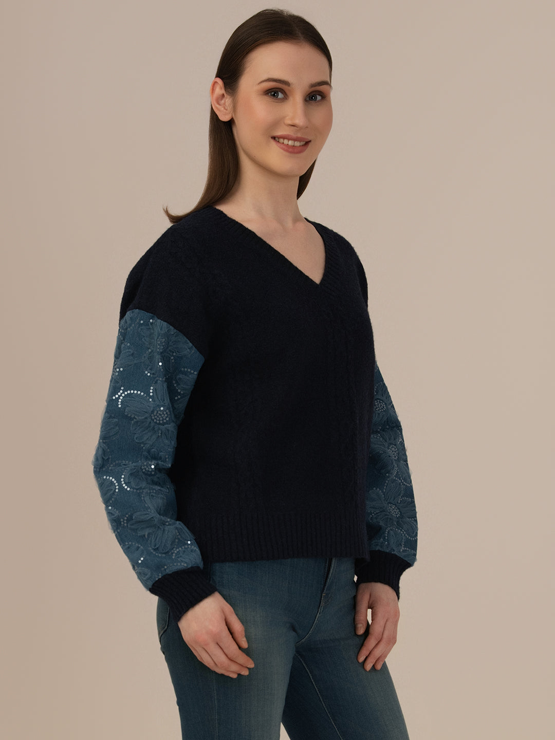 ALBION Stylish Women Woolen Top Warm Fabric with Modern Design-BLACK