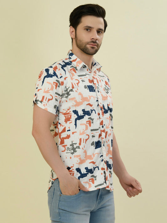 Albion Premium Men Orange Print Shirt Hs