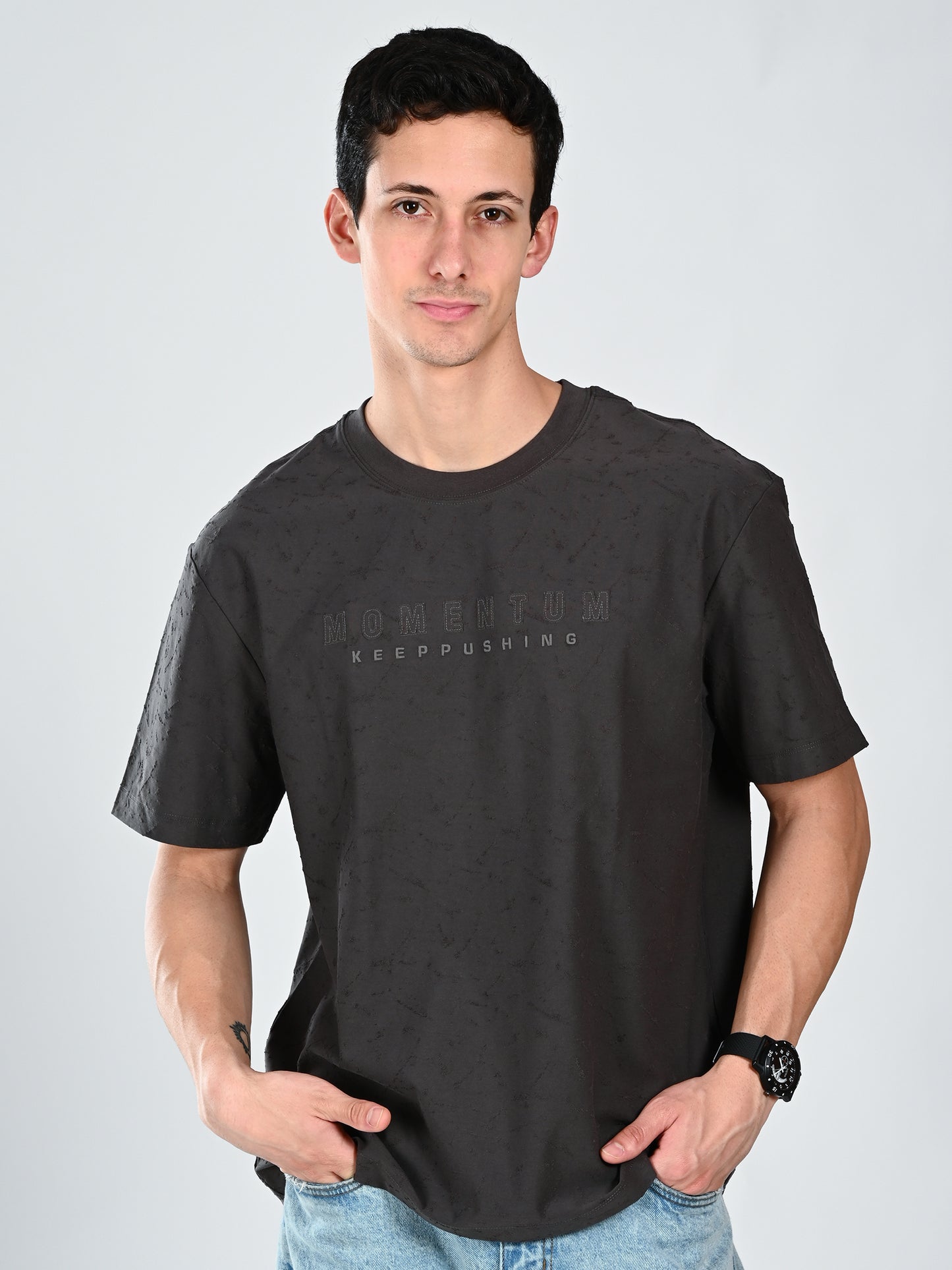 Albion Casual Cotton Round Grey Neck T-Shirt for Men